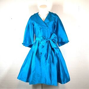 Sara Campbell Teal Blue Silk Shirtdress/Trench Dress Short Length Size 2
